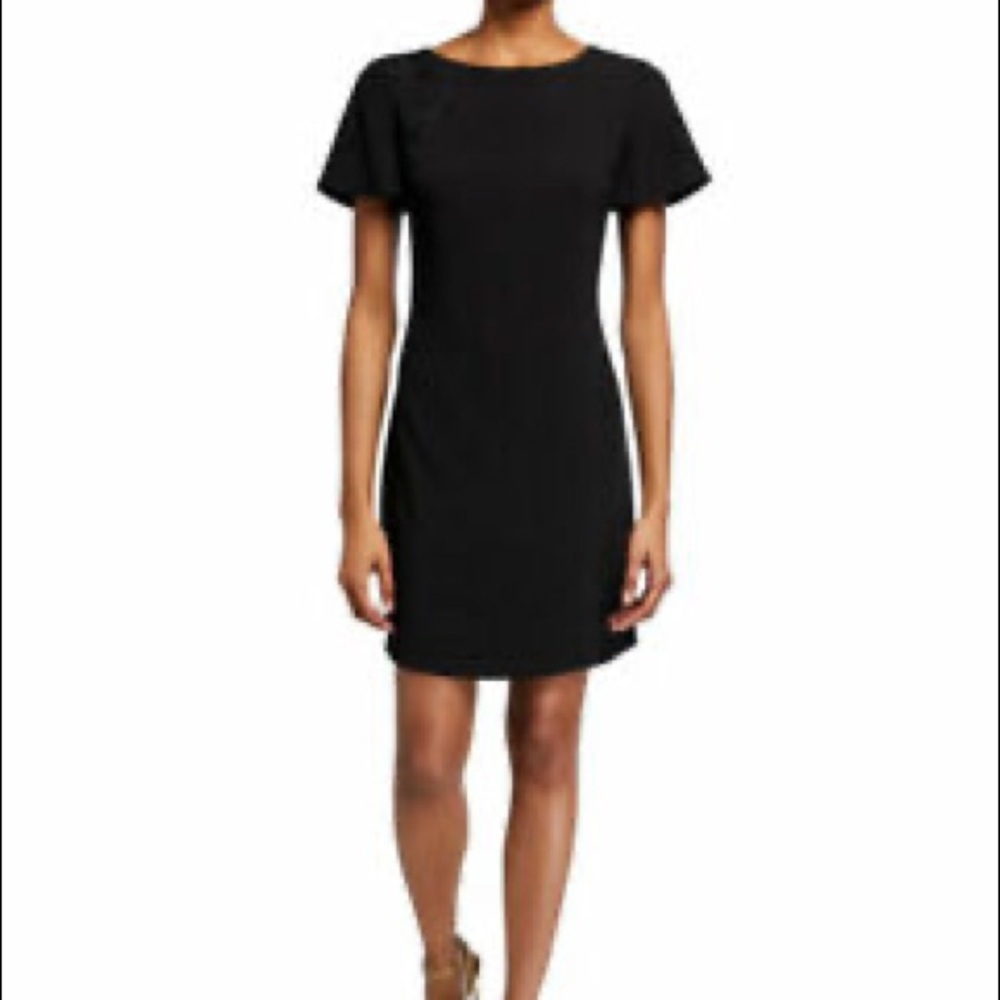 NWT black Trina Turk fitted sheath dress ruffle sleeve high neck size 2